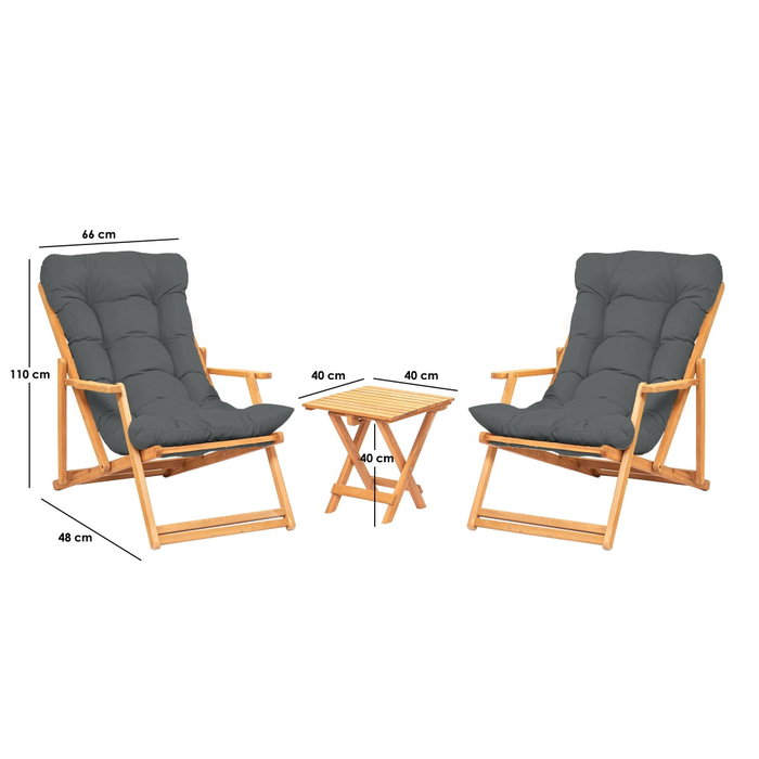 Hanah Home My007 - Juego de mesa y sillas de jardín de 3 piezas - Gris y Natural